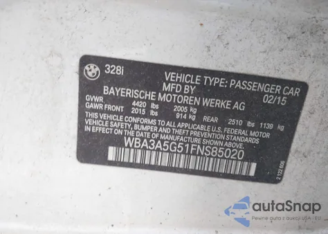 2015 BMW 328I z USA, uszkodzony, nr VIN WBA3A5G51FNS85020